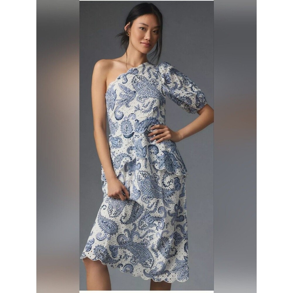 Farm Rio One-Shoulder Eyelet Midi Dress Cotton White Paisley peplum waist Sz L